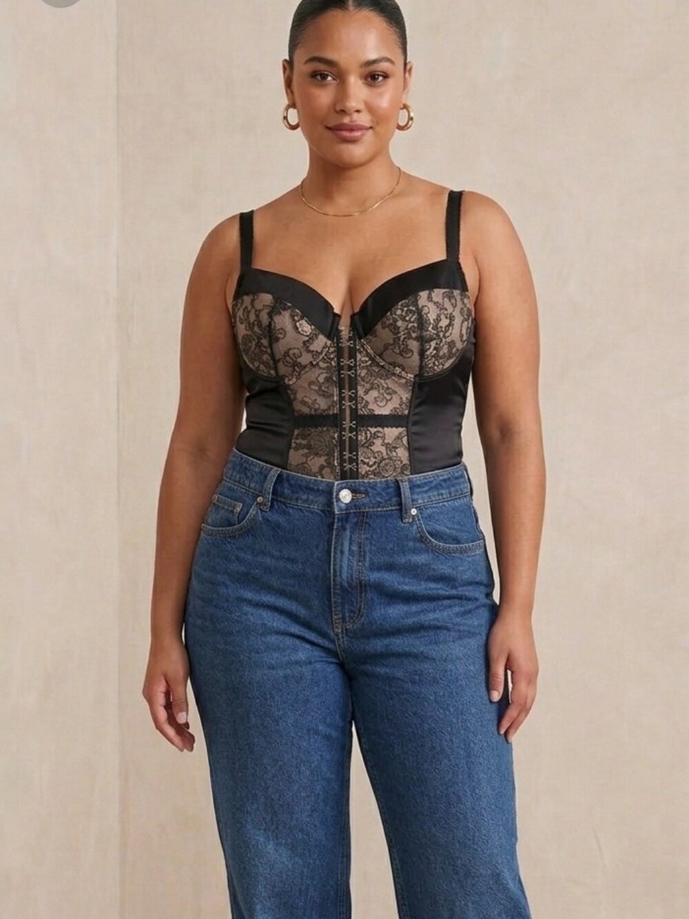 Cacique Bustier Corset Size 22/24 Black Lace Boning Goth Sexy